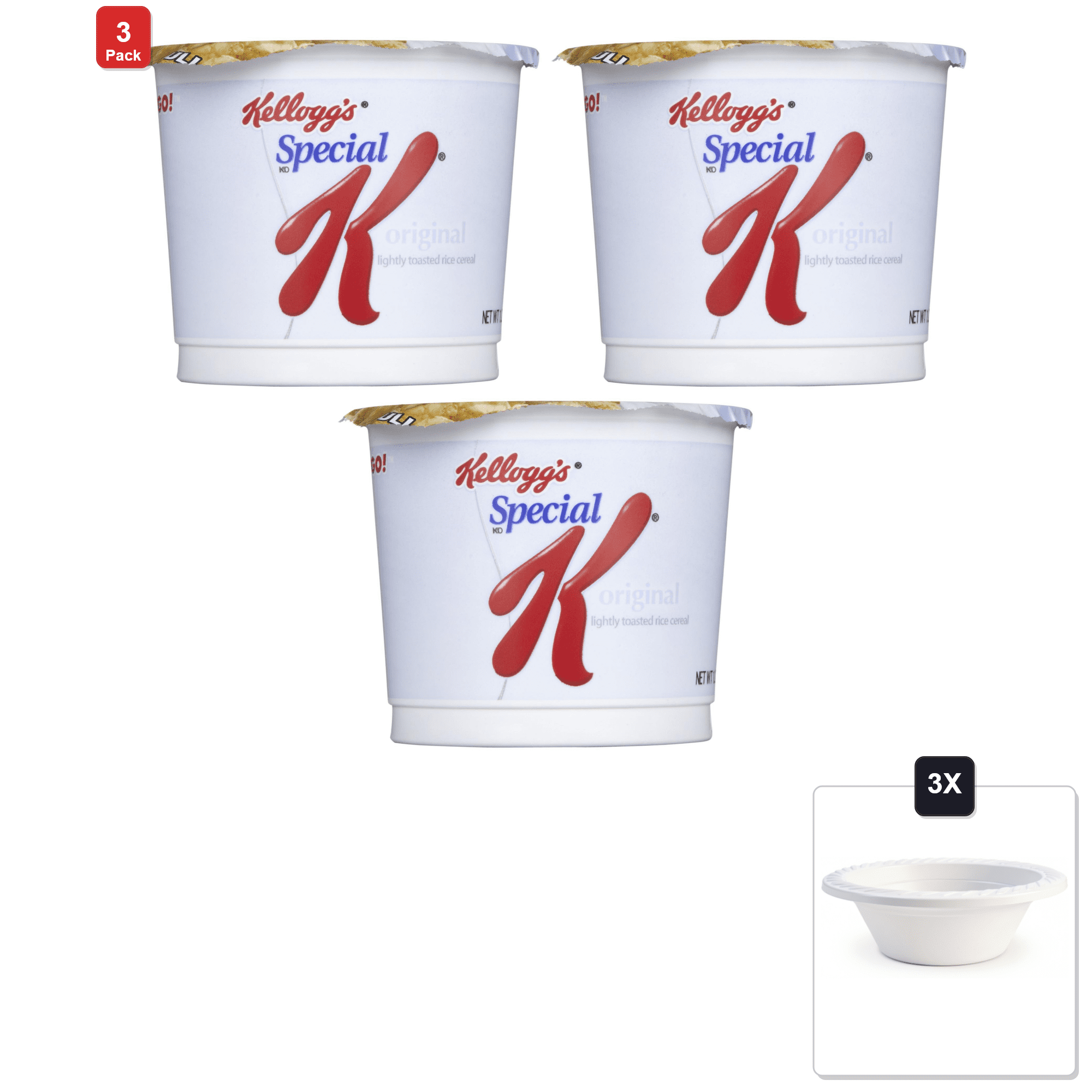 3 Pack | Kelloggs Special K Special K Cereal-In-A-Cup - 1.25 oz - 6 Count & 3x 12oz Disposable Plastic Bowl