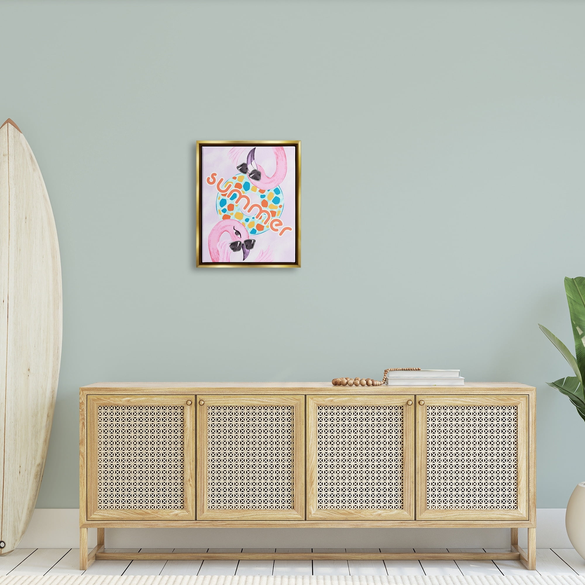 Stupell Industries Pink Summer Flamingos Pool Float Tropical Sunglasses Graphic Art Metallic Gold Floating Framed Canvas Print Wall Art, Design by Ziwei Li