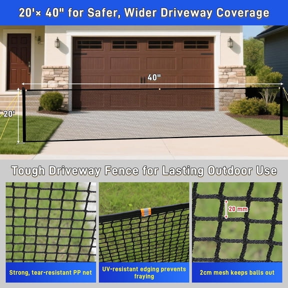 Driveway Safety Net for Kids 20FT Wide 40Inch Tall - Driveway Guard Barrier Net Fence with Upgraded Ground Stakes and Reflective Strips, Driveway Gate Mesh Ball Stopper Netting for Outdoor Backyard