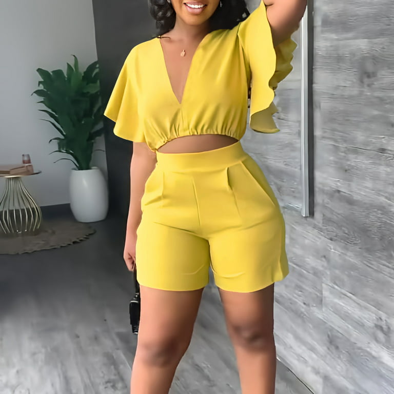 Ecqkame Two Piece Sets Womens Outfits Clearance Women's Ruffle Short Sleeve  V-Neck Top Casual Shorts Summer Plus Size Women Suits Yellow S