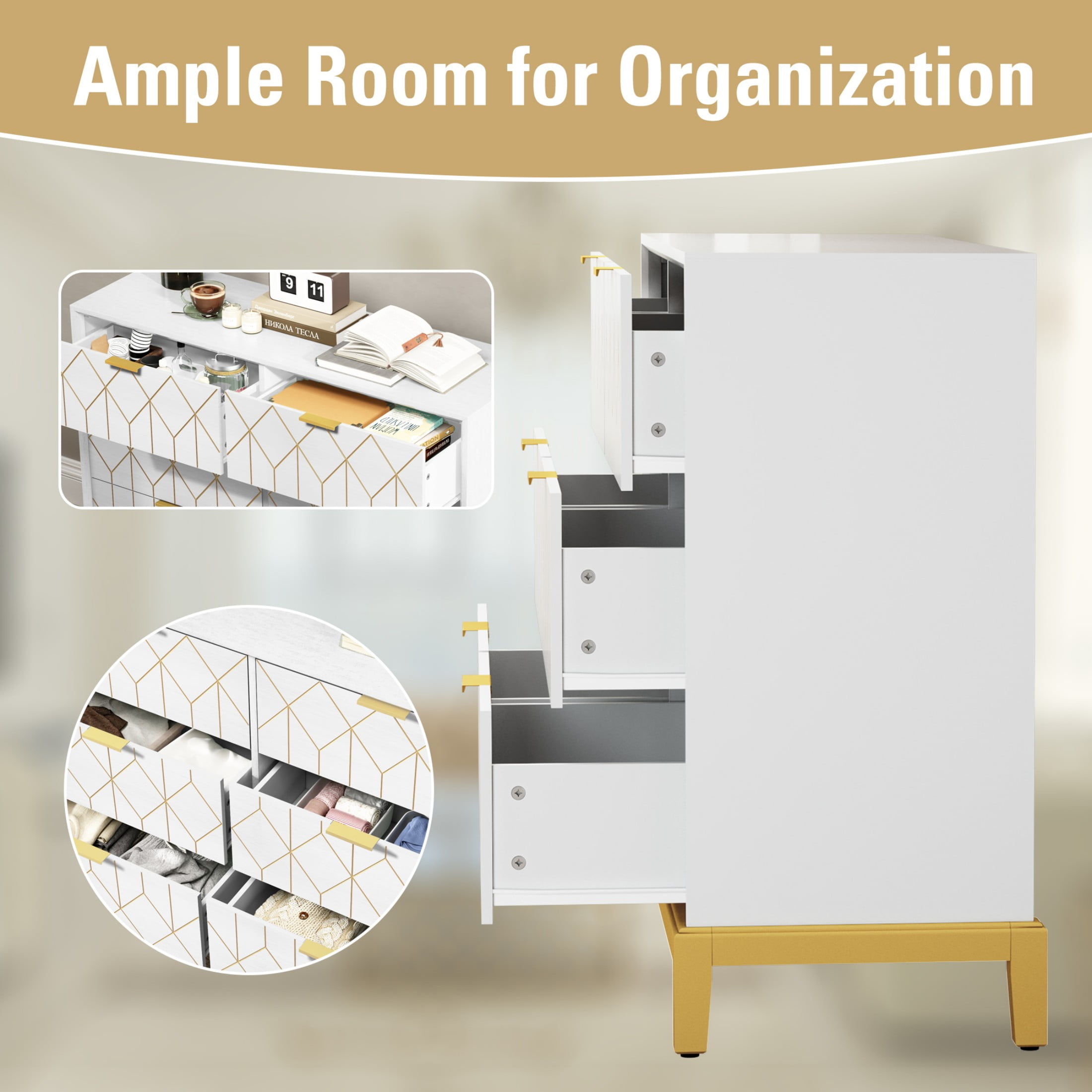 HLR Modern 6 Drawers Dresser, White Wood Dresser for Bedroom Wide Chest of Drawers, Storage Double Dressers Organizer for Bedroom, Living Room