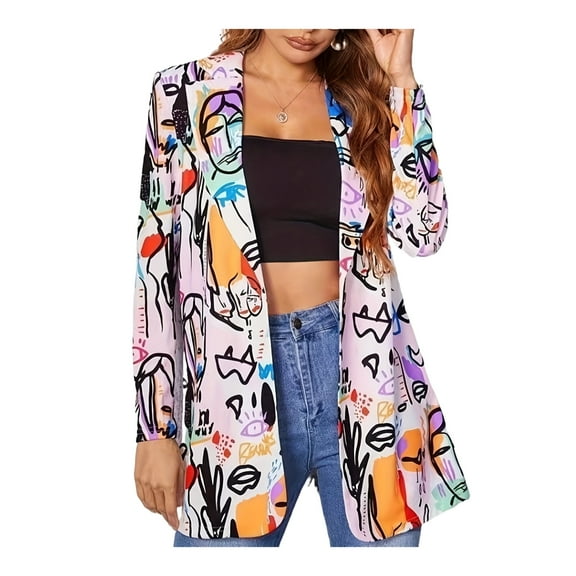 joyinspring Autumn Women's Printed Graffiti Suit Jacket Long-Sleeved - Oversized for Women Business Casual, 1XL—5XL Spring