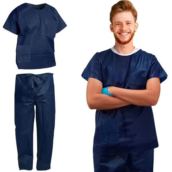 Dark Blue Disposable Scrub Set, Medium. 5 Sets of Disposable Scrubs Top and Bottom for Women and Men. 55 GSM SPP Medical Scrub Shirt with 2 Pockets and Pants with Drawstring Tie