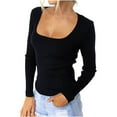 thumbnail image 1 of JUNWELL T-Shirt Basique à Col Carré Manches Longues Ajusté Côtelé Doux Confortable, 1 of 7