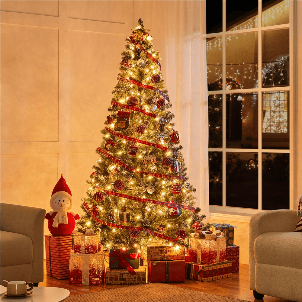 Alden Design 6 Ft Pre-lit Frosted Artificial Christmas Tree with Pinecones, Green