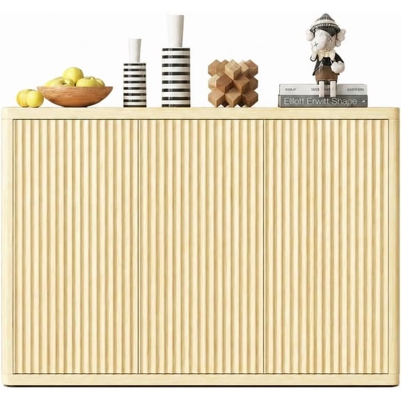 Panapinka 3-Door Fluted Storage Cabinet, Natural Oak Sideboard with Adjustable Shelves, Modern Accent Sideboard Buffet for Living Room, Entryway