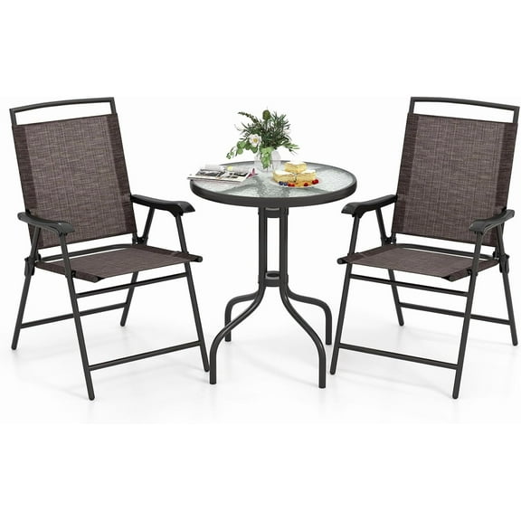 PRZL 3-Piece Bistro Set, Patio Furniture Set for Outdoor Poolside Balcony Garden Yard, 28" H Outdoor Round Table and 2-Pack Folding Chairs, 3PCS Bistro Dining Furniture Set(Brown)