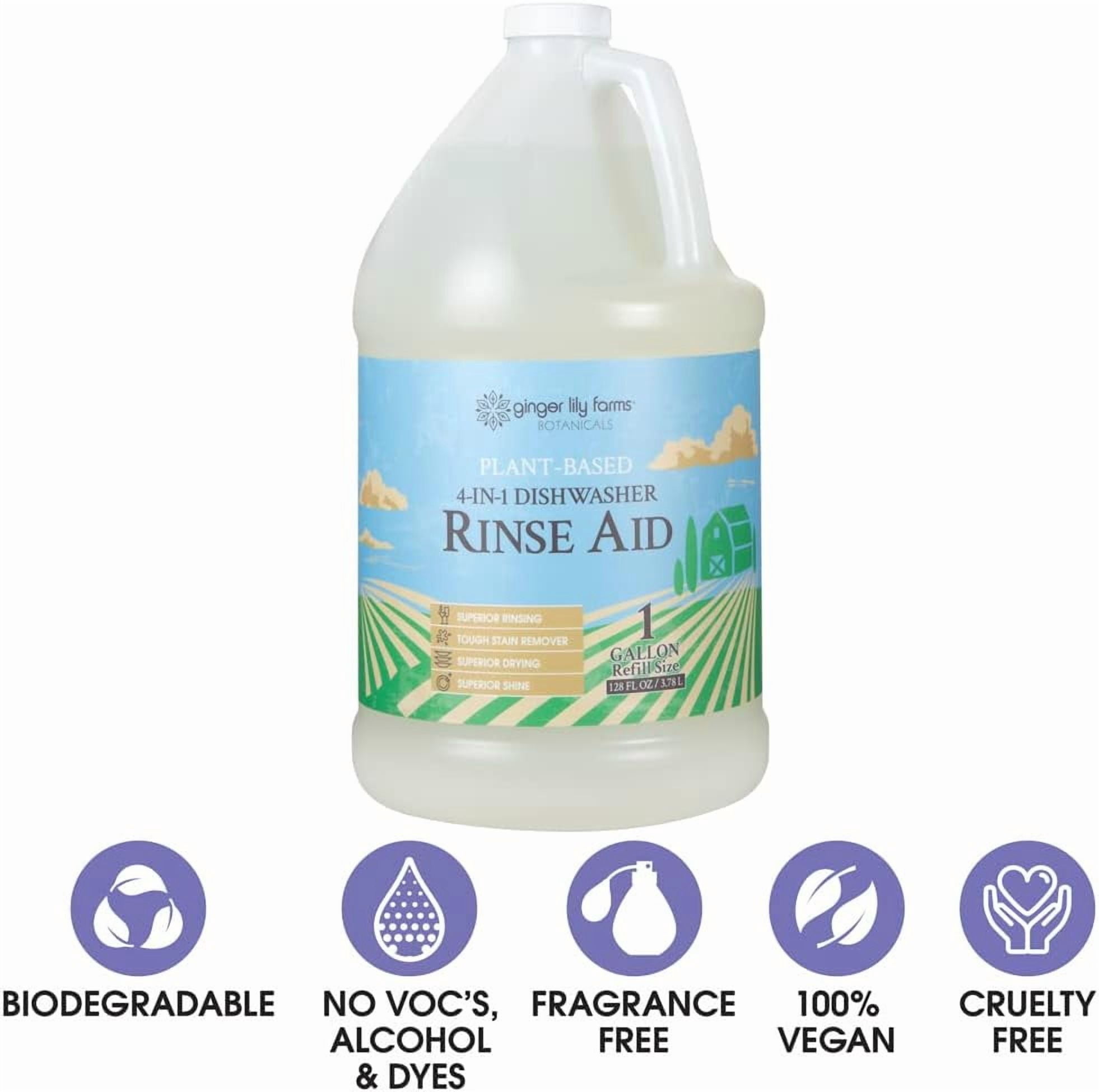 Ginger Lily Farms Botanicals Plant-Based 4-In-1 Dishwasher Rinse Aid, 100% Vegan & Cruelty-Free, Fragrance-Free, 1 Gallon (128 fl oz) Refill