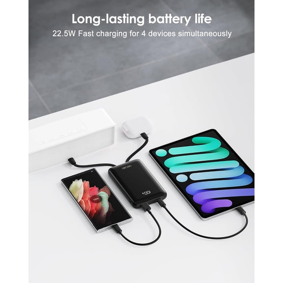 SHILIU-Portable Charger 10000mAh, Cell Phone Portable Power Banks with 22.5W PD Fast Charging, Compact Phone Charger Built in Cable, Compatible with Apple, Samsung, Google, Motorola and More-Black