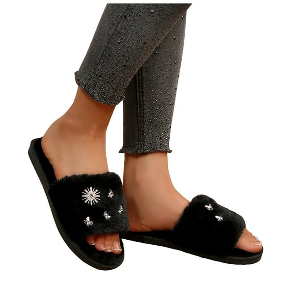 Women's Plush Faux Furry House Slippers Winter Warm Open Toe Slide Shoes Shiny Rhinestone Beadroom Slippers