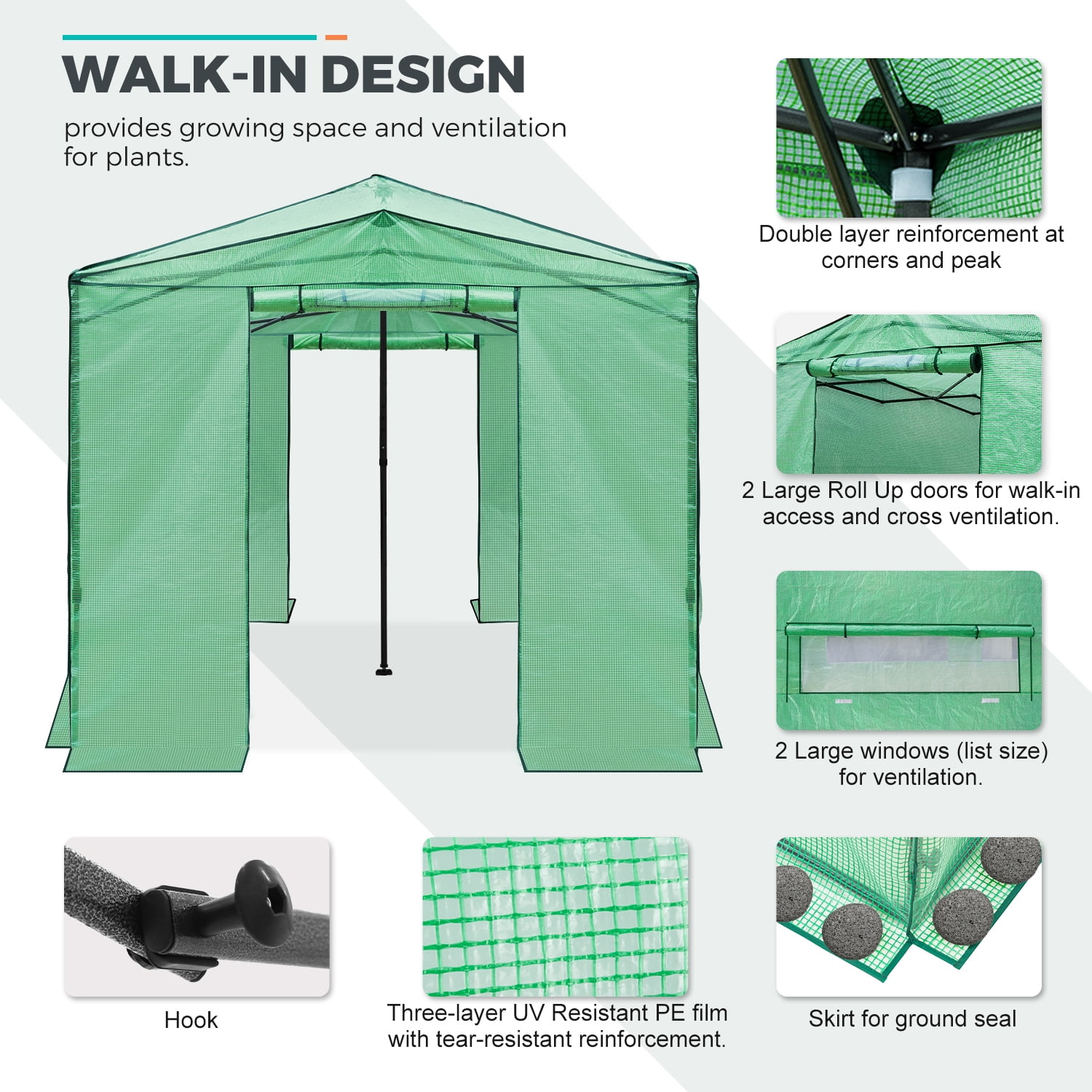 EAGLE PEAK 12x8 Portable Large Walk-in Instant Greenhouse with Support Pole, Pop-up Outdoor Plant Gardening Green House Canopy, Green