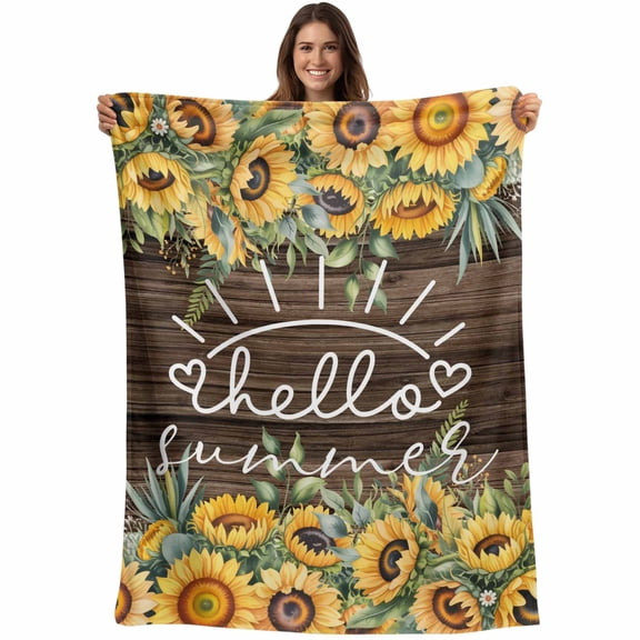 Flannel Fleece Throw Blanket Hello Summer Words Lightweight Soft Plush Blankets,Watercolor Farm Sunflowers Cozy Warm Throw Blanket for Couch Sofa Bed Car Office 40x50in