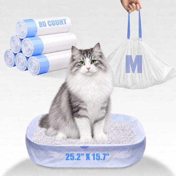 80 Count Litter Box Liners, Disposable Cat Litter Bags for All Automatic Cat Litter Box, 4 Rolls Drawstring Waste Bags, 25.2" x 15.7"