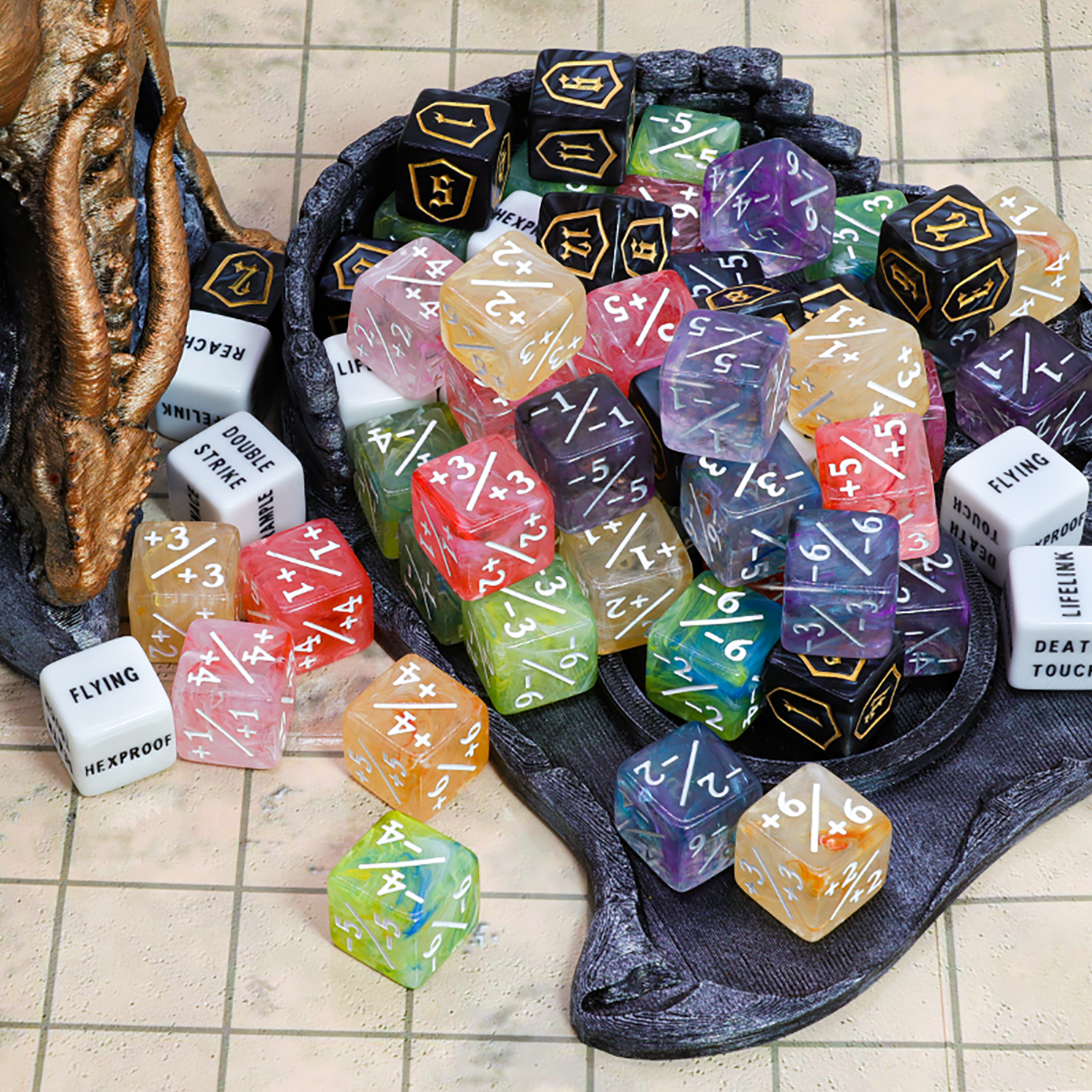 SWAJUJA 60 Pieces MTG Dice Set with Keyword Token Dice & Plus 1 Life Counter & Shield in 6 Colors for Magic The Gathering, MTG, Cards Gaming Accessories