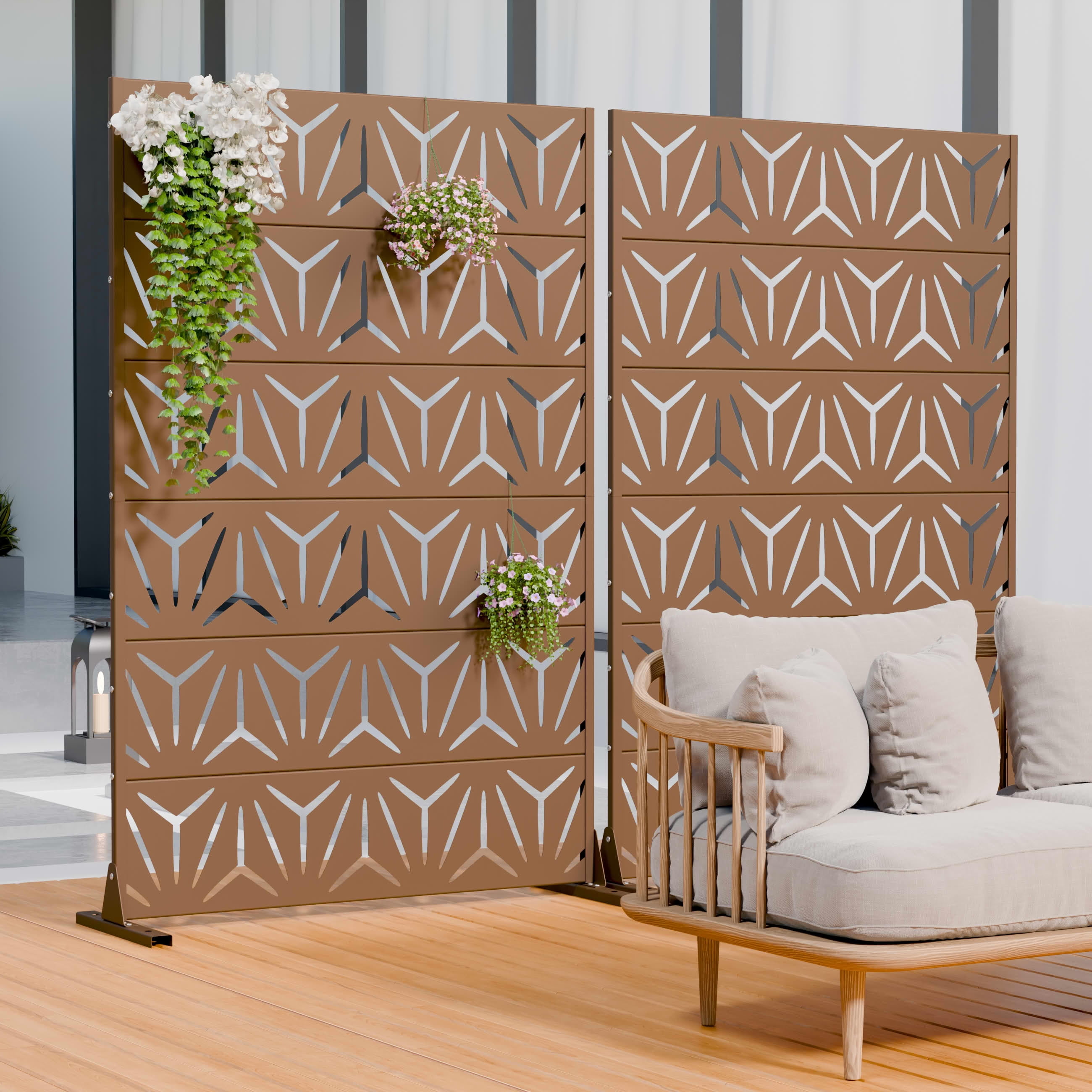 MAYEERTY 2-Piece Outdoor Metal Privacy Screen 6ft × 4ft Brown, 6-Panel Geometric Y-Pattern Decorative Screen for Garden