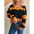 thumbnail image 5 of Women Fall V Neck Sweater Color Block Long Sleeve Shirt Casual Loose Striped Pullover Sweaters Orange S, 5 of 9