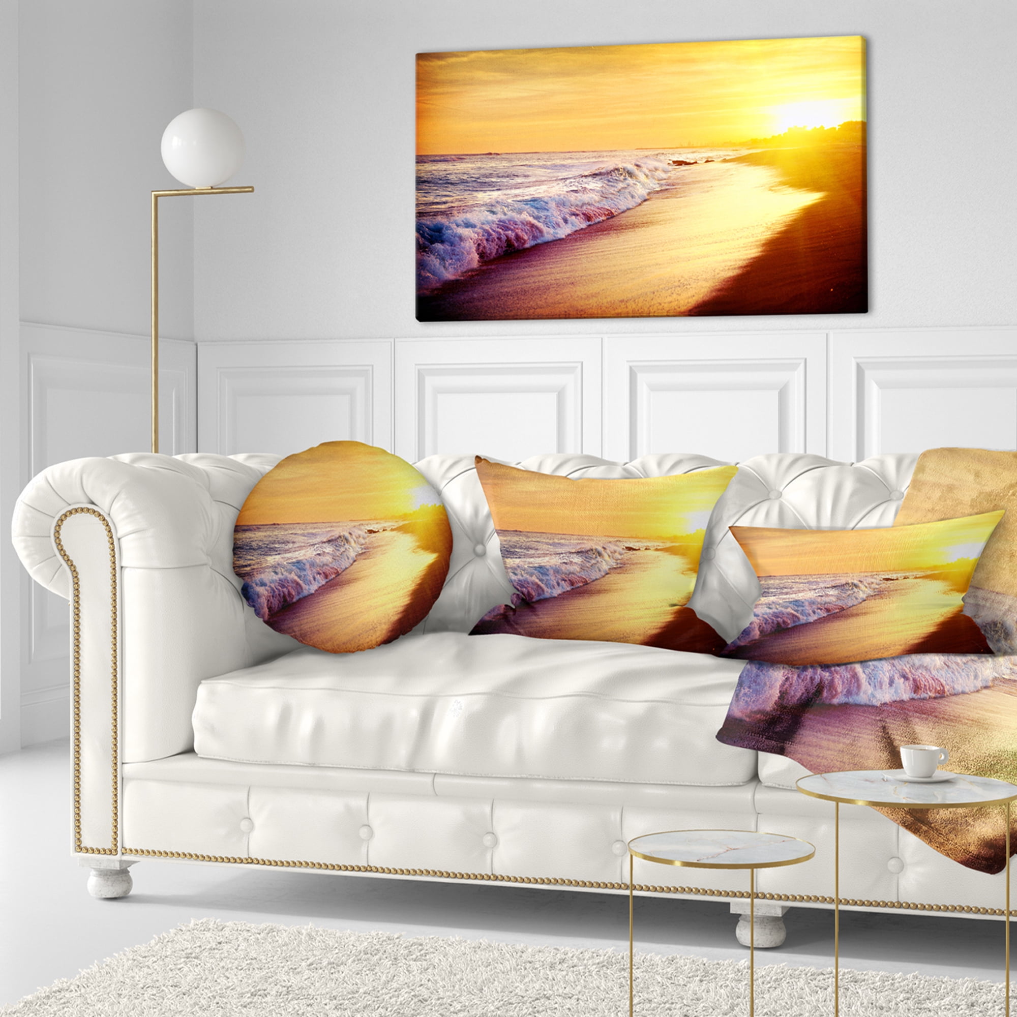 Designart Bright Yellow Sky with Foam Waves - Seashore Throw Pillow - 12x20