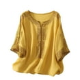 thumbnail image 2 of HLKJKLS Winter Clothing For Women Embroidered Round Neck 3/4 Sleeve Retro Casual Solid Color Transparent Cotton Linen Top Yellow M-3Xl, 2 of 4