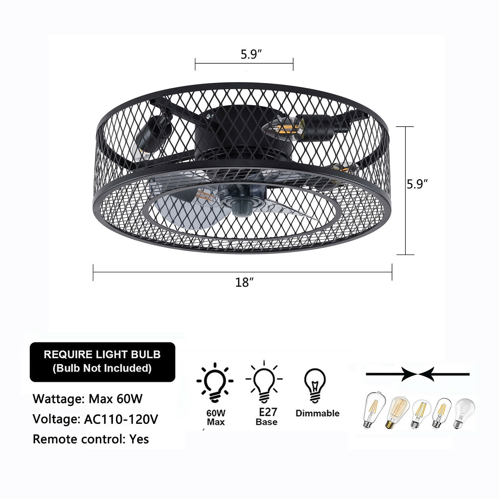 Miumaeov 18'' Rustic Metal Caged Ceiling Fan Light Semi Flush Mount Fan Chandelier 3 Speeds with Remote Control Black