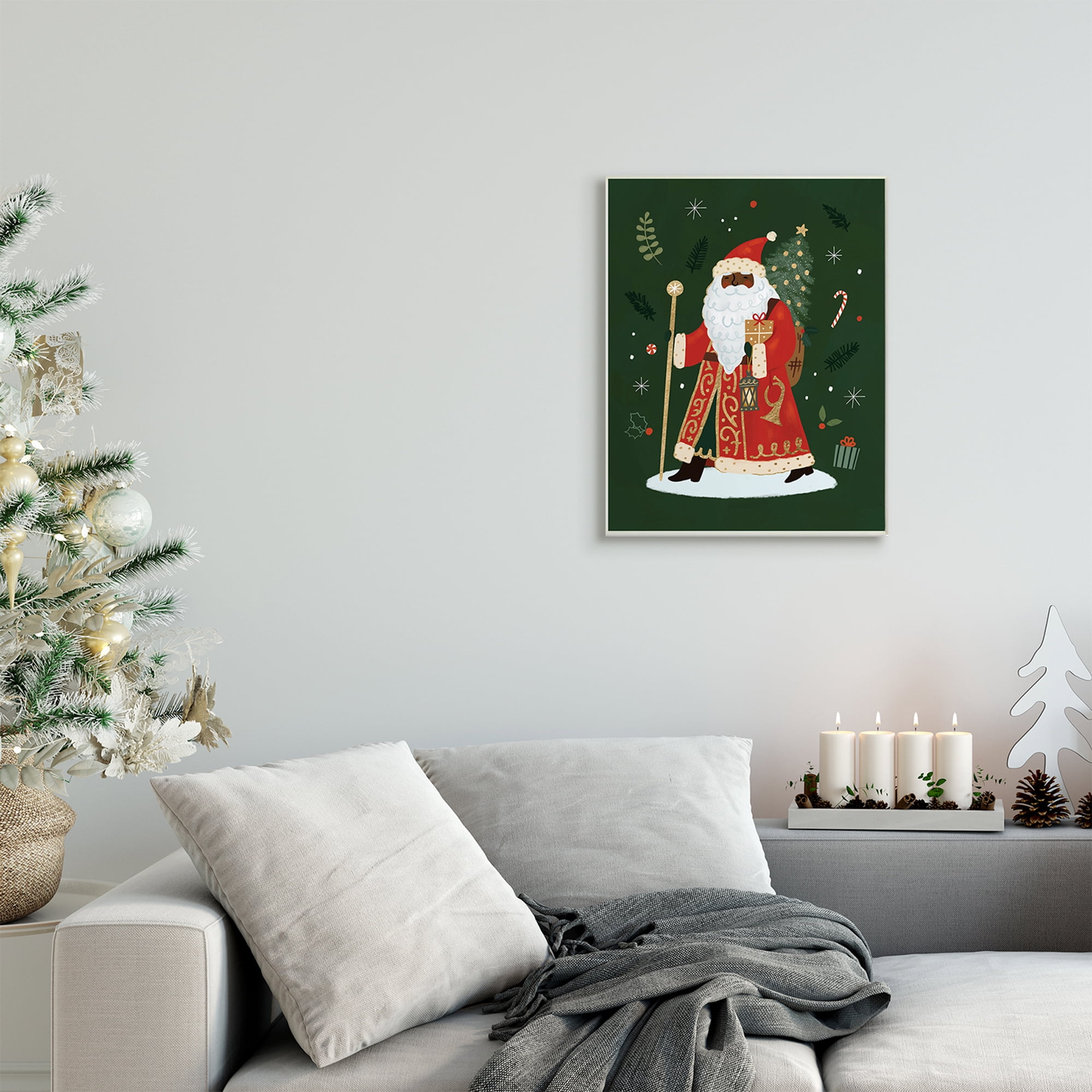 Stupell Industries Festive Santa Claus Figure Green Christmas Holiday Holiday Painting Unframed Art Print Wall Art, 13 x 19