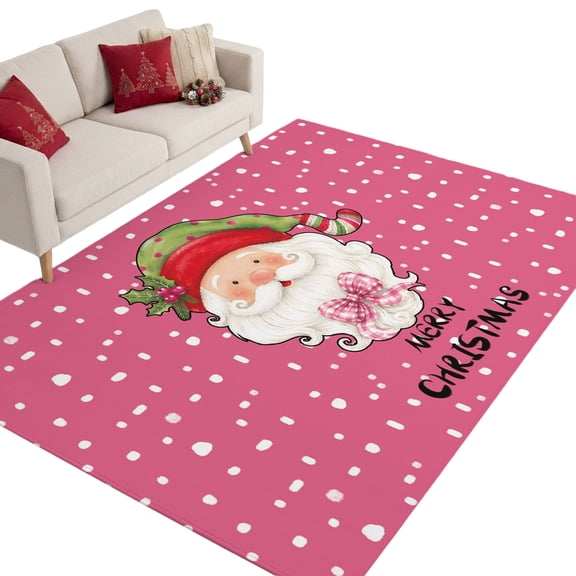 Merry Christmas Washable Area Rug 5 x 8 ft Santa Claus Portrait Pink Speckled Background Soft Non‑Slip Rugs Stain Repellent Indoor Mats for Spacious Family Room, Long Dining‑Table, Sunroom
