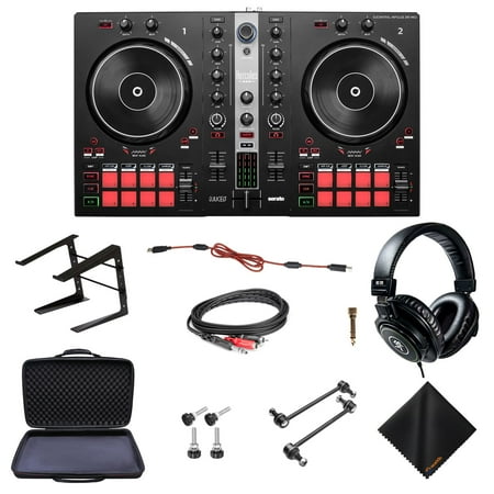 Hercules DJ Controller Inpulse 300 MK2 - 2 Deck USB DJ Controller with Mackie MC-100 Closed-Back Headphones, On-Stage Laptop Stand, Waith DJ Controller Case and Waith Cleaning Cloth (Bundle Set)