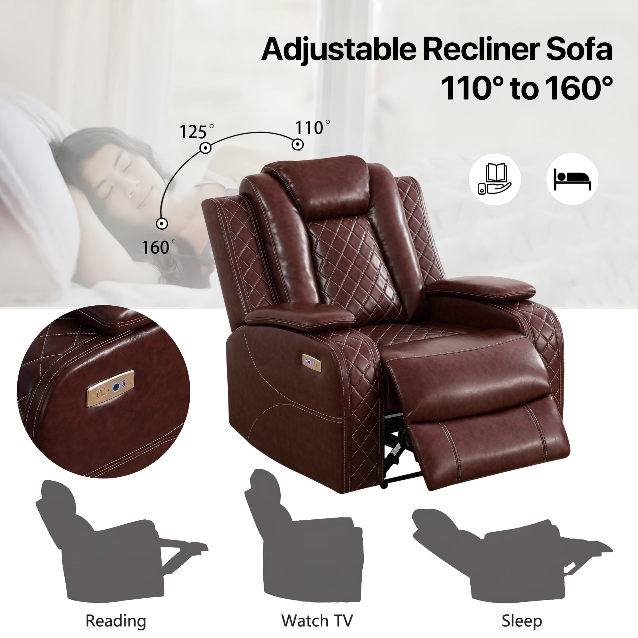 Aukfa Power Recliner Chair Sofa with Storage and USB for Living Room,Brown