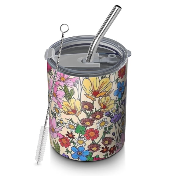 12oz Coffee Tumblers Pioneer Flower Floral Print Pattern Stainless Steel Vacuum Insulated Travel Tumbler Coffee Cups Mug with Lid and Straw with Cleaning Brush for Cold & Hot Drinks