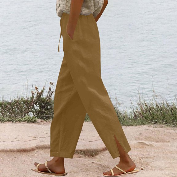 Cagogo Women Plus Size Straight Leg Trousers Elastic Waist Ankle Pants with Pockets Casual Solid Vacation Palazzo Pants Comfy Lounge Travel Beachwear Work Clothes, Yellow XL