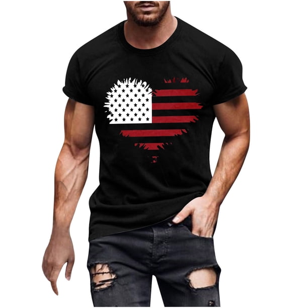 Mens Casual Manga Corta Botón Abajo Camisetas Estados Unidos Bandera Impresión Cuello Redondo Suéter Camiseta, Poliéster Casual Uso Diario para Hombres