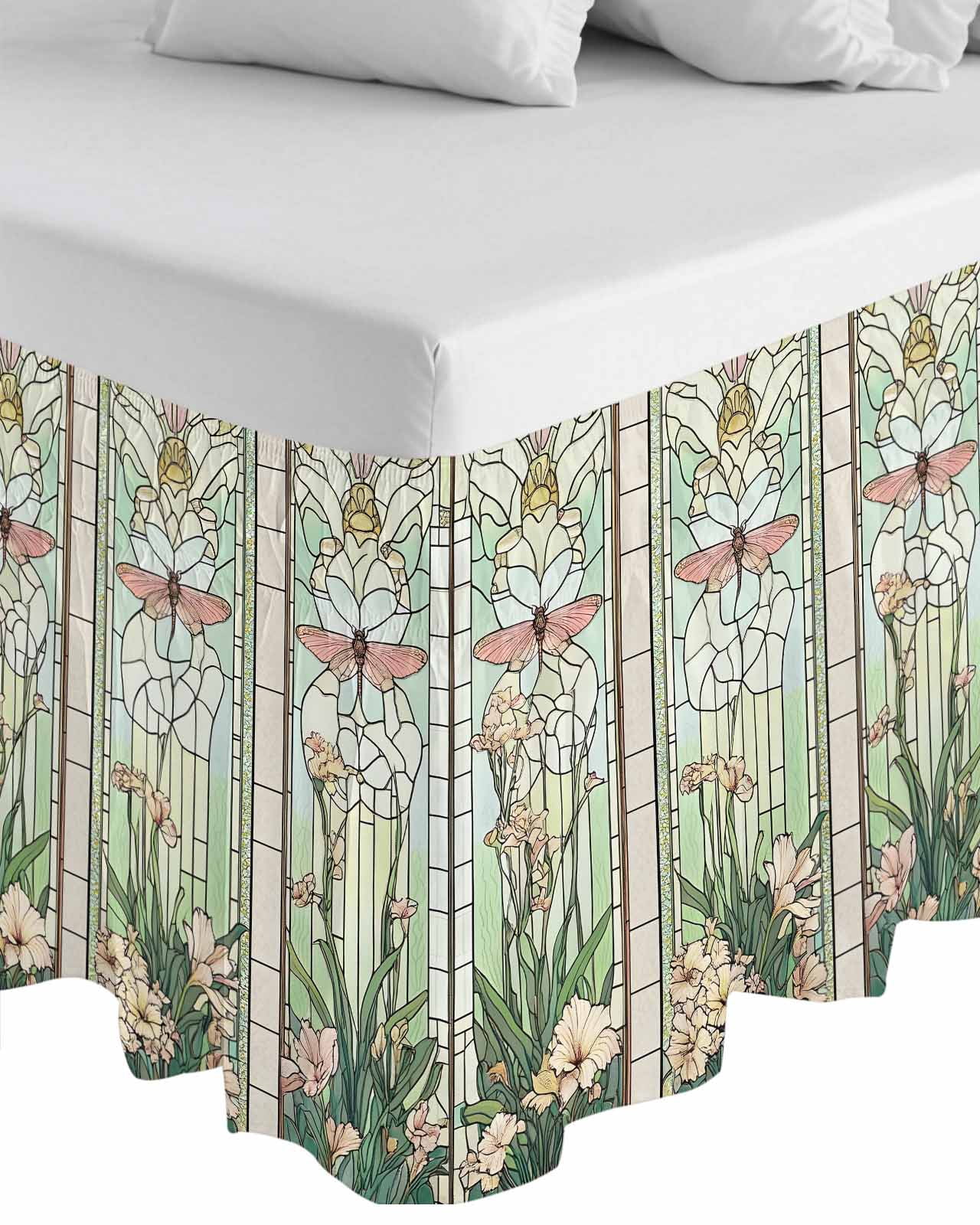 Butterfly Flowers Bed Skirt Queen Size, Vintage Stained Glass Green Spring Wrap Around Bed Skirting with Adjustable Elastic Strap, Dust Ruffle Pleated Bedskirts 16 Inch Drop for Bedroom Queen Beds