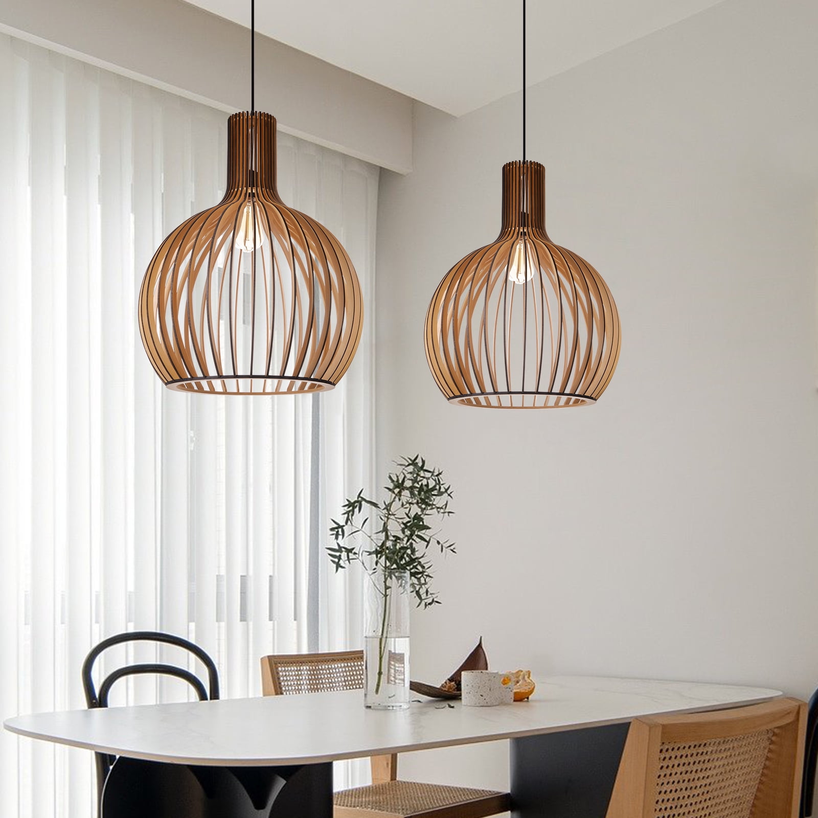 LittleGlovo Japanese Wooden Hanging Light Fixtures Handmade Restaurant Birdcage Chandelier