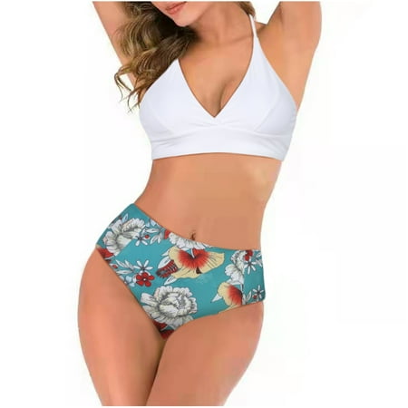 

TIANEK Special Women Bikini 2023 Fashion Padded Floral Printed Double Shoulder No Rims Bra Sport Yoga Show Waist Bandage Split Japan Summer Mother s Day Swimsuit for Women Clearance
