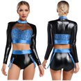 thumbnail image 5 of YiZYiF Womens 2 Piece Metallic Shiny Rave Outfits Long Sleeve Crop Top with Booty Shorts Clubwear Blue L, 5 of 6