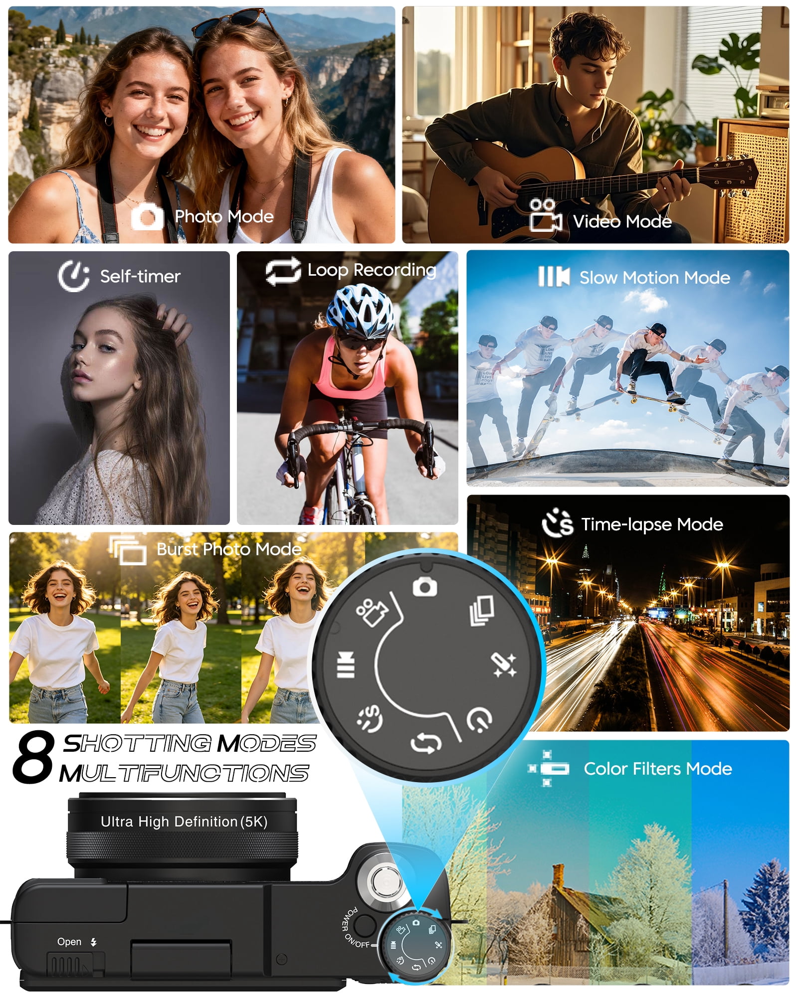 5K Vlogging Camera with WiFi 64MP 5K Digital Camera for Photography Vlog Camera with Flip Screen Video Camera for YouTube with wide-angle and macro lens,Batteries
