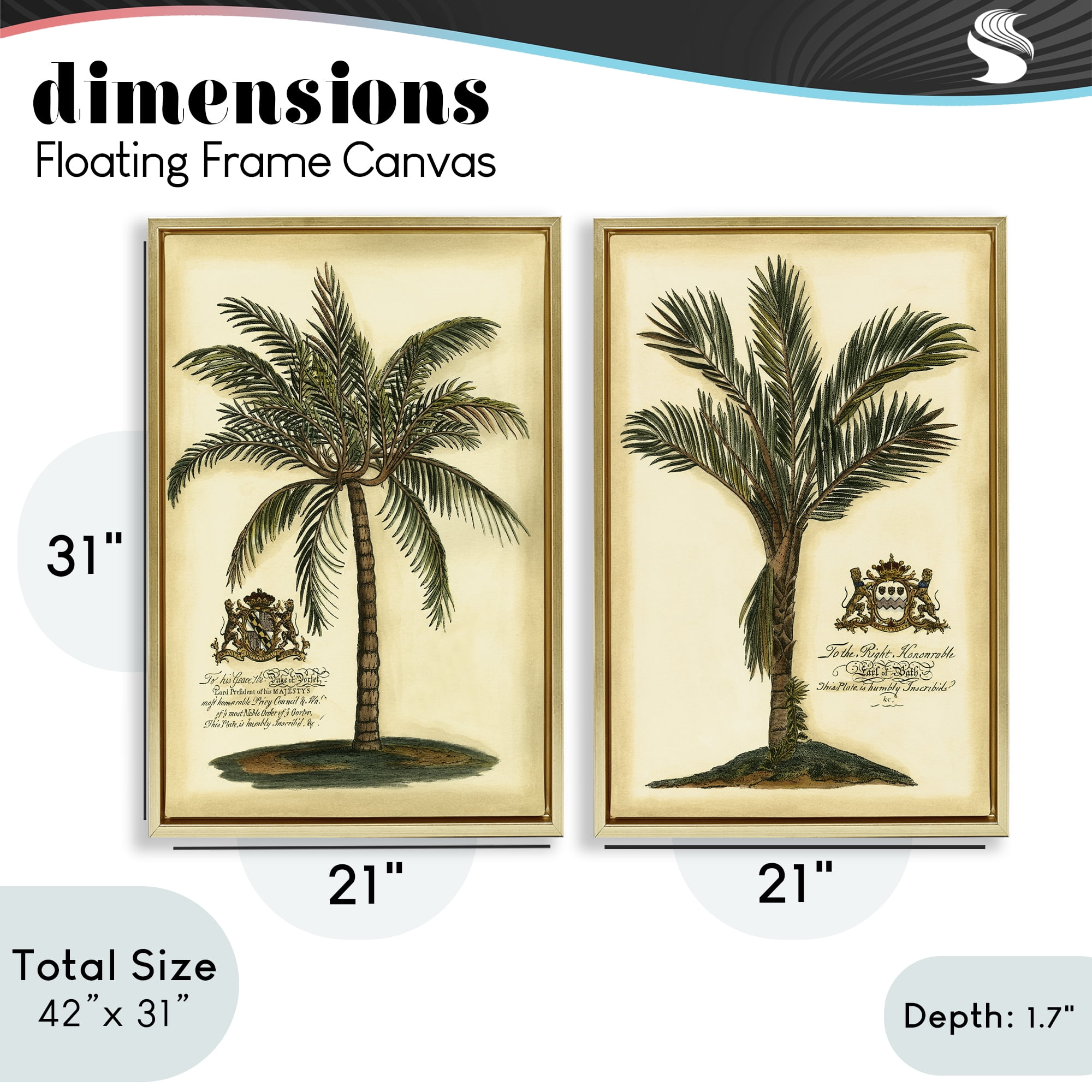 Stupell Industries Vintage Historical Palms 2 Piece Gold Framed Floater Canvas Set, design by Vision Studio