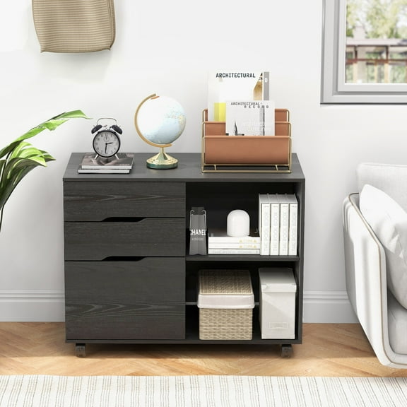 Gianna 3 Drawer File Cabinet with Wheels and Open Storage Shelves for Home Office, Black
