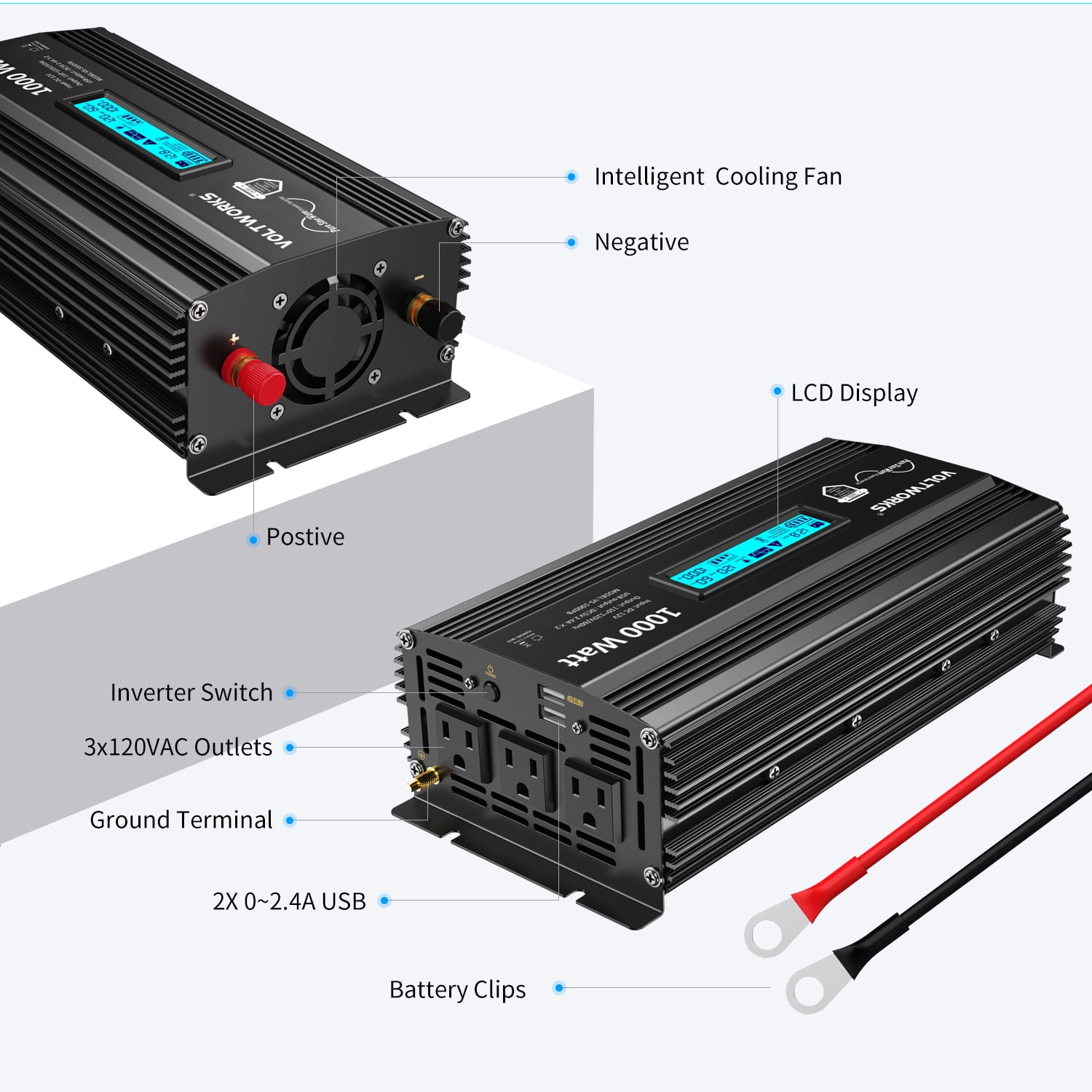 VOLTWORKS Power Inverter 1000 Watts Pure Sine Wave Inverter DC 12v to AC 110V-120V with LCD & 2.4A Dual USB