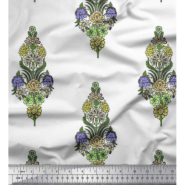 Soimoi Polyester Crepe Fabric Leaves & Floral Block Print Fabric by The Yard 52 Inch Wide