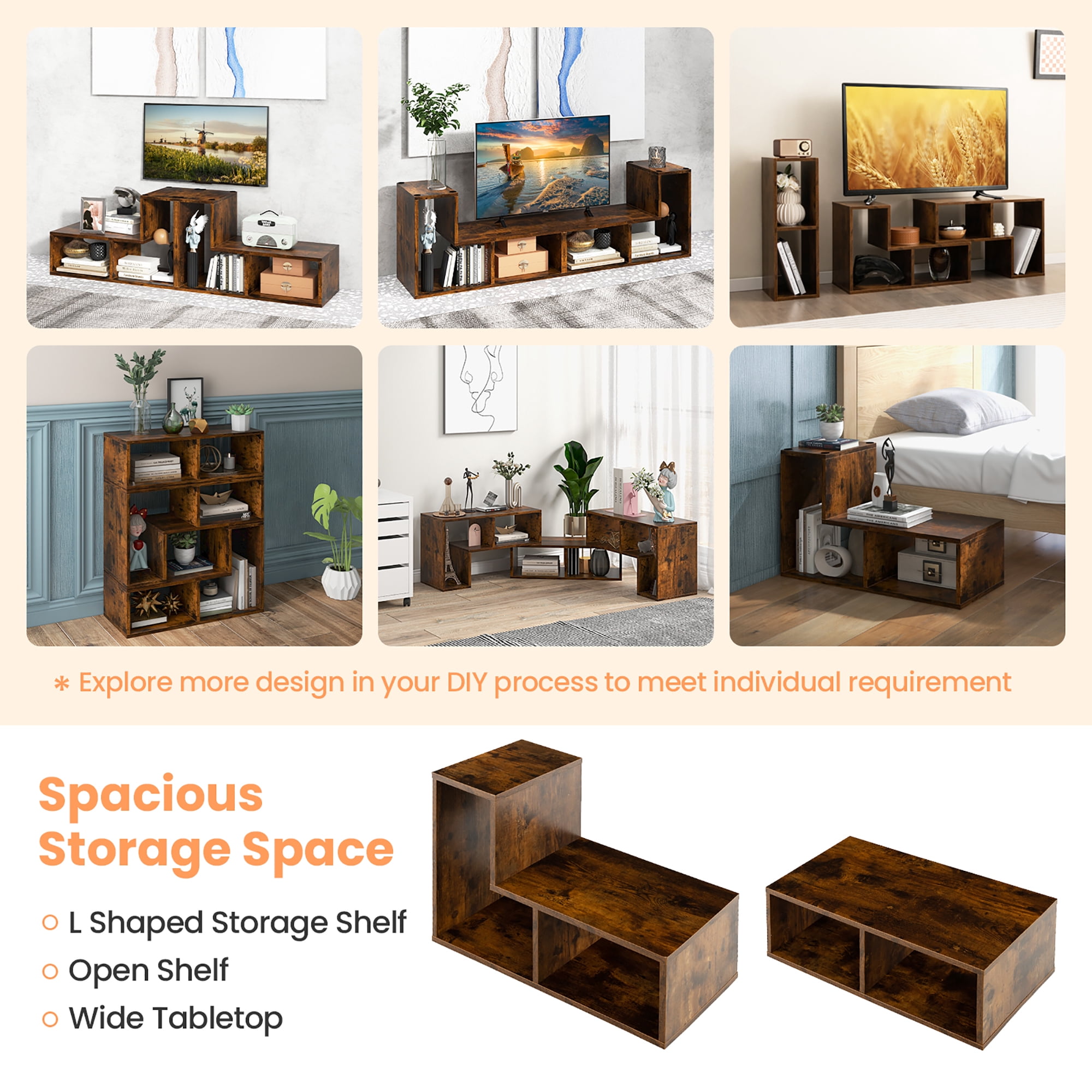 Costway 3 Pieces TV Console Stand Modern Entertainment Center Storage Bookcase Brown