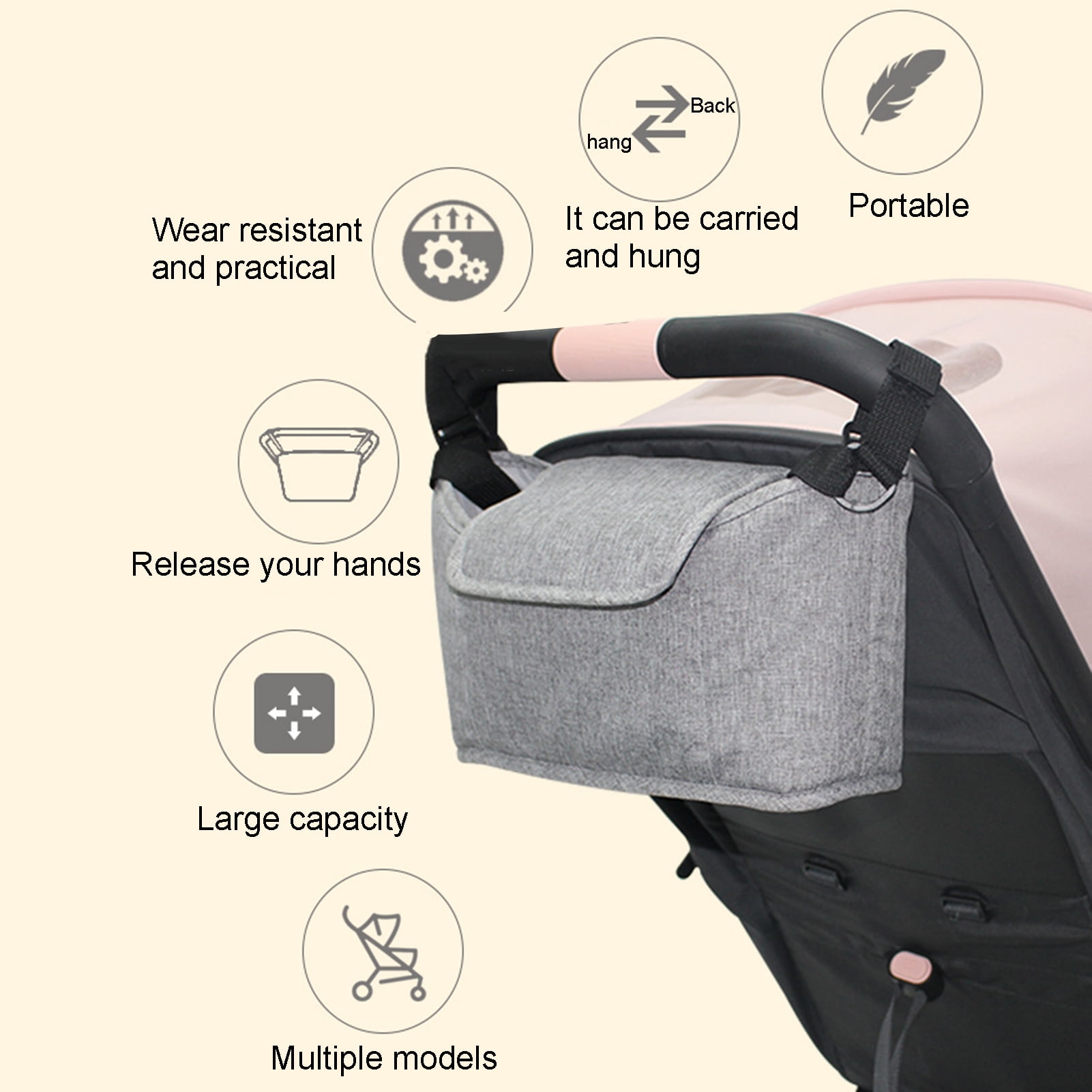 Buggy Organiser Pram Bag,Large Capacity for Baby Accessories with 2 Deep Cup Holders & Handle & Waterproof Raincover Multi-Baby Pram Buggy Storage Bag Carry-On Handbag-Universal Fit All Buggy Models