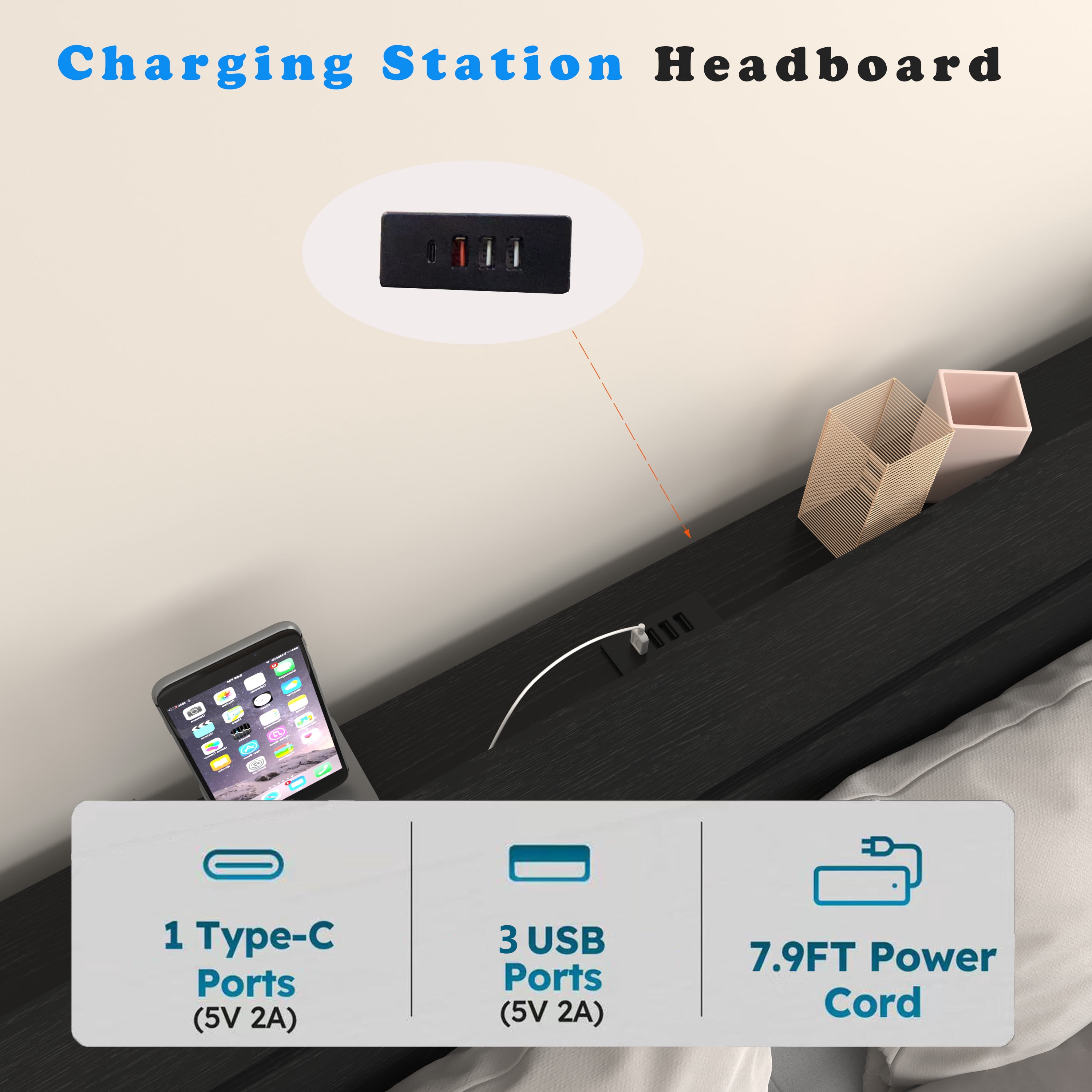 Miniyam Queen Floating Bed Frame with RGB LED Lights, Storage Headboard & USB Charging Station, Black