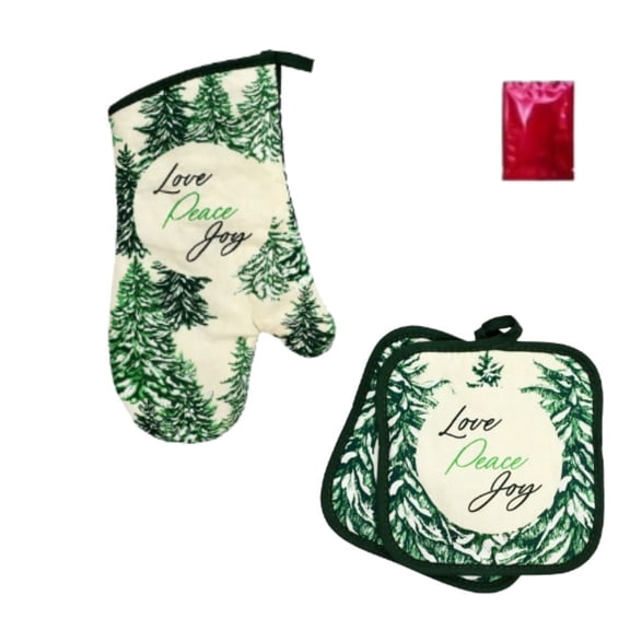 Green Trees “Love and Joy” Christmas Oven Mitt and Potholder Set – Festive Holiday Kitchen Gift Set with Bonus LaPrima Morceau Bonbon, Heat Resistant Baking Gloves