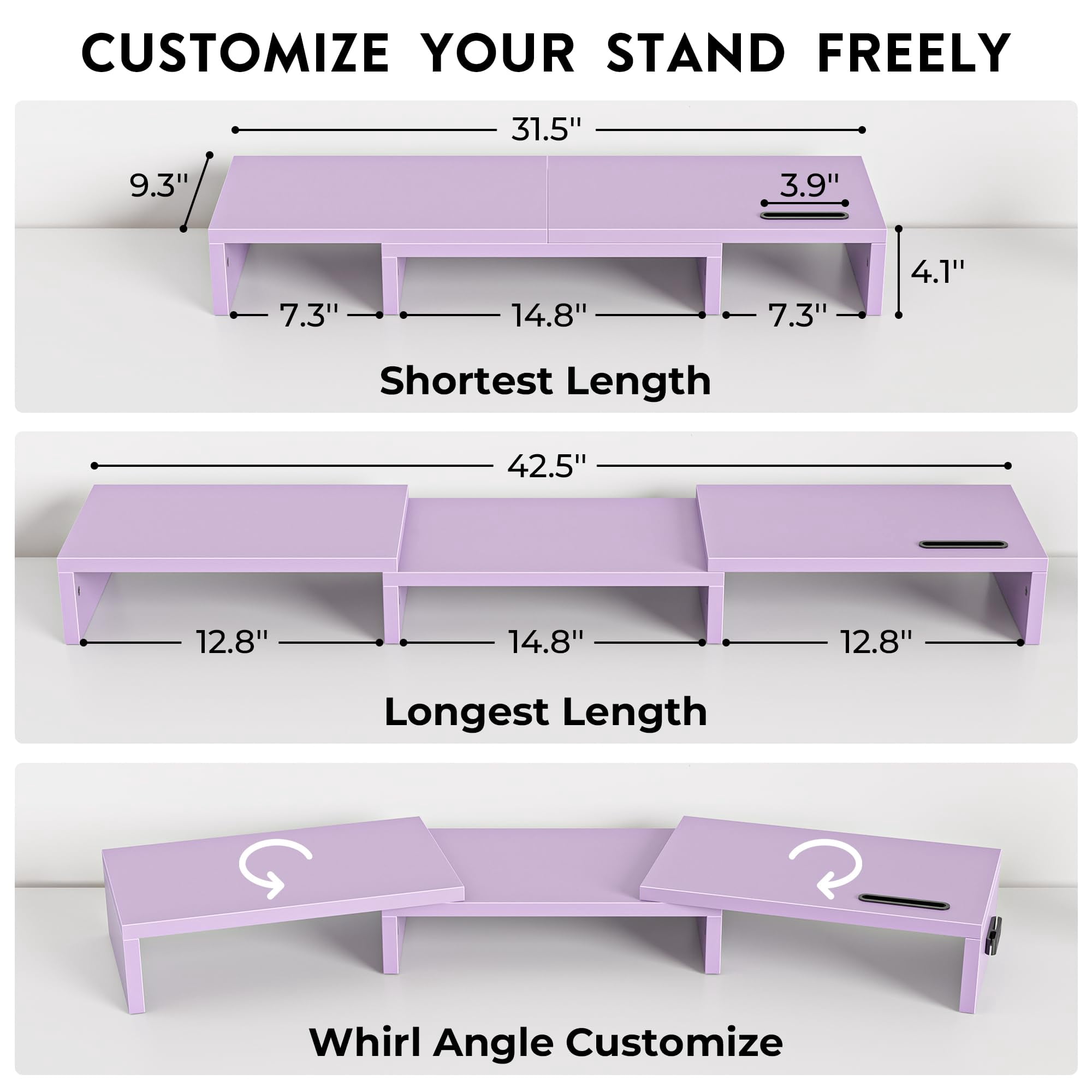 BONTEC Dual Monitor Stand Riser with Smartphone Holder, Adjustable Length & Swivel Angle, Ergonomic Wooden Desktop Organizer for PC Monitor, Laptop, Printer, Large Storage, Purple