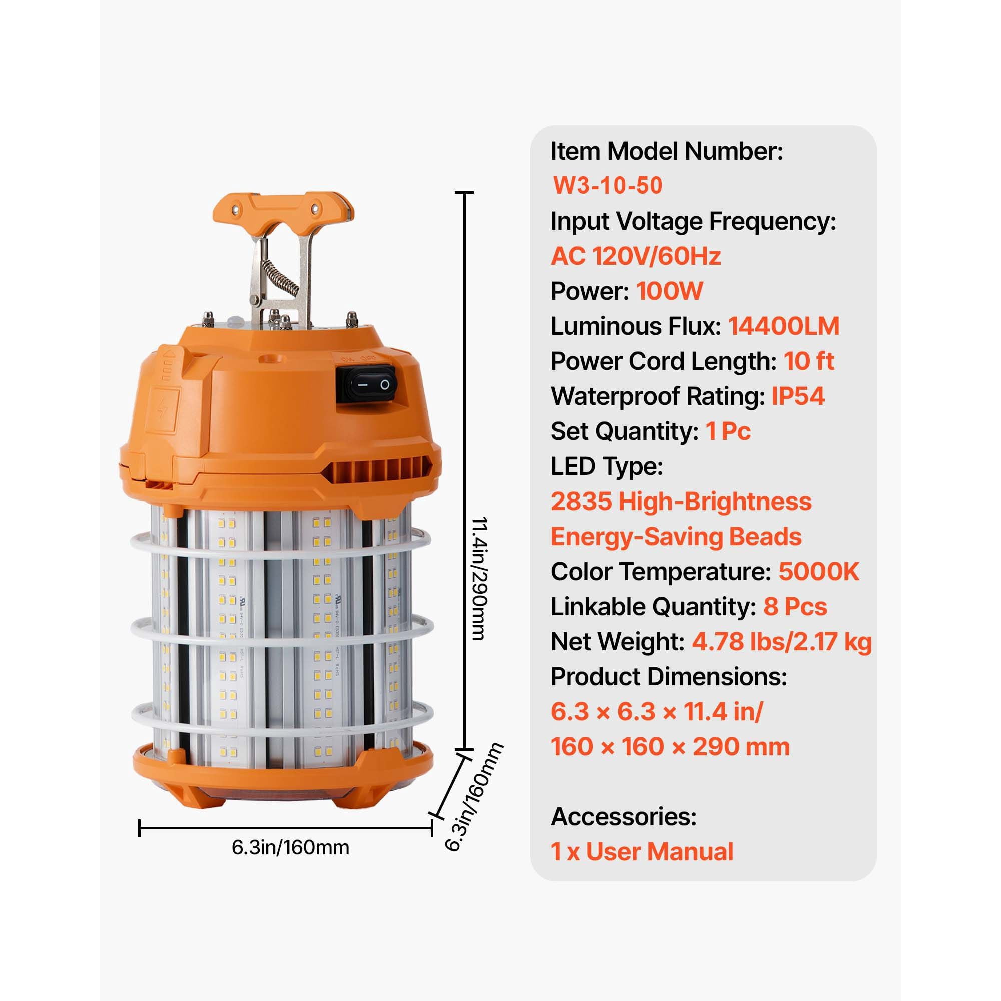 LED Temporary Work Light 100W 14400lm 360° Illumination Linkable with Metal Guard for Construction Site