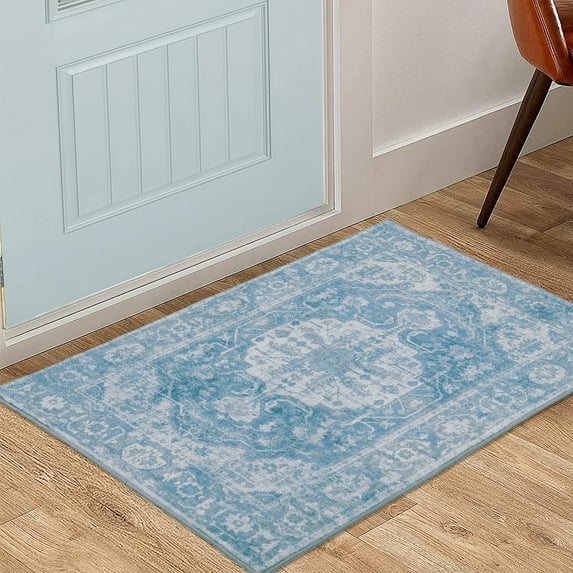 ZACOO 2' x 3' Small Entry Rug Machine Washable Boho Persian Tribal Doormat Stain Resistant Vintage Distressed Mat for Kitchen, Cyan
