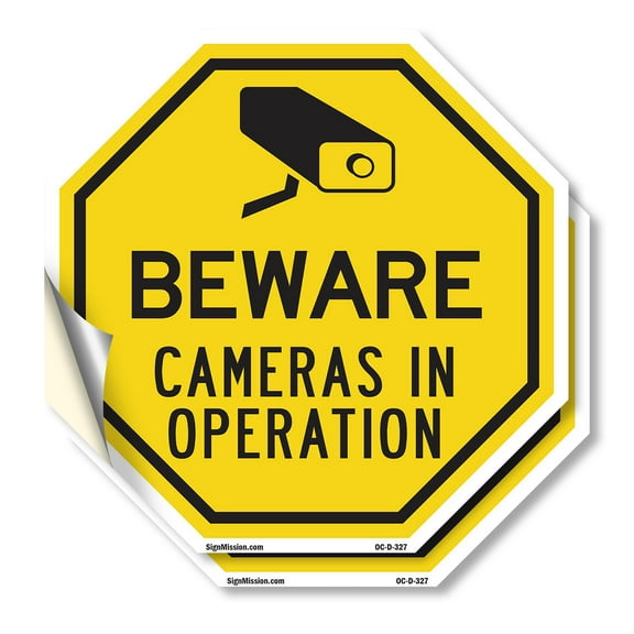 Beware Cameras in Operation (2 Pack) 10 inch X 10 inch Octagon Vinyl Label Decal Sticker Weather Resistant, UV Protected for Workplace, Private Property, and Construction Site, Made in