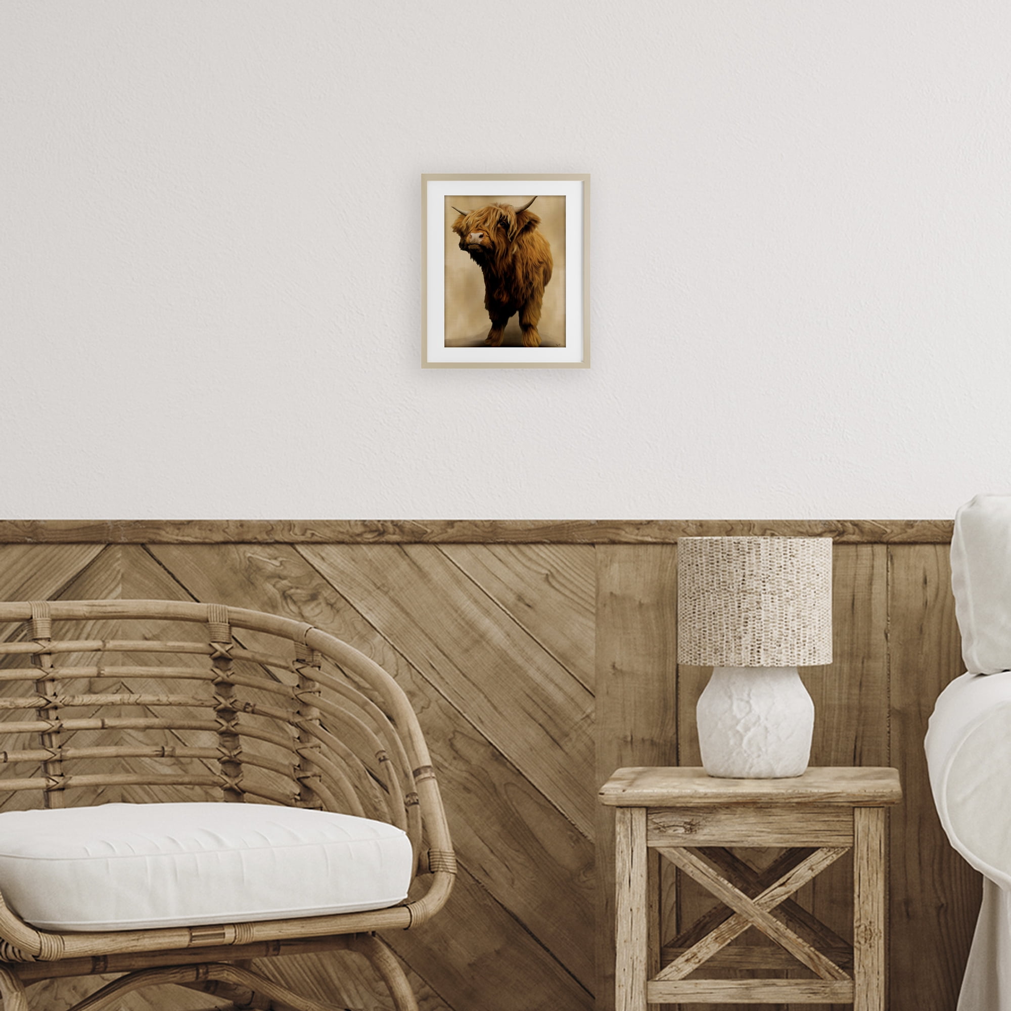 Stupell Industries Mini Highland Cow on Neutrals Birch Framed Print Under Glass, design by Renel Peters