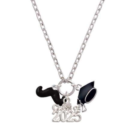 Delight Jewelry Silver-tone Small Black Enamel Mustache - Silver-tone Class of 2025 Graduation Zoey Necklace, 28"