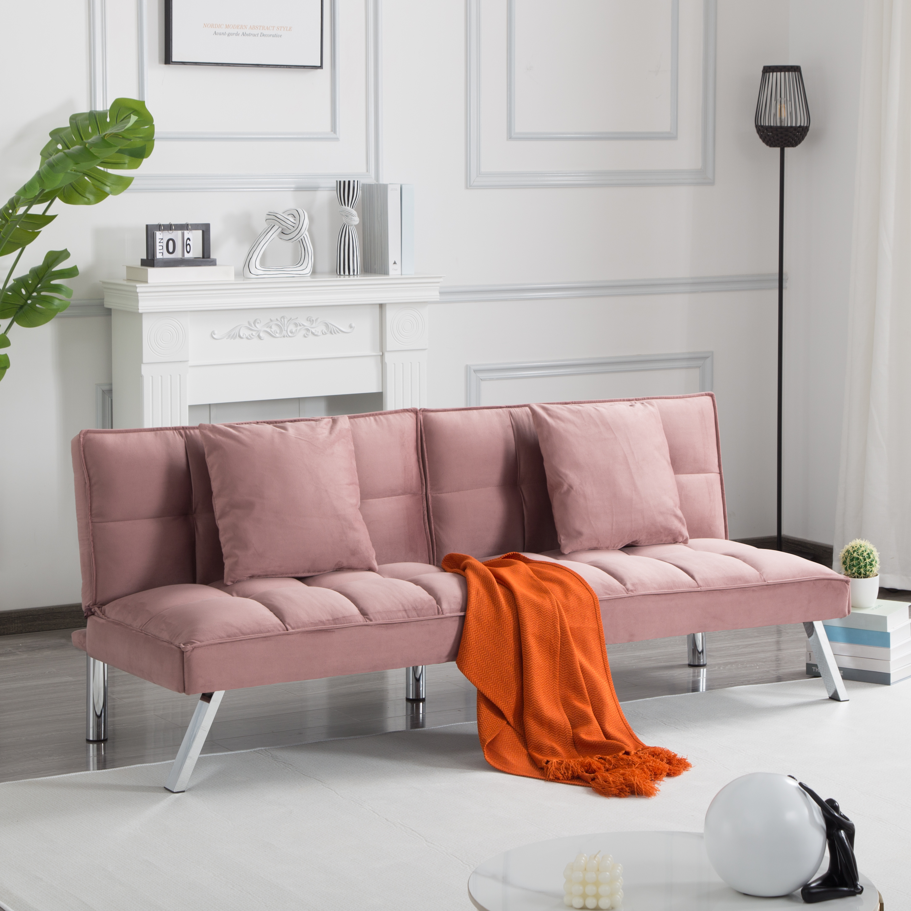 Gewnee Pink 67.7” Velvet Futon Sofa Bed, Modern Love Seat with Adjustable Backrest, 2 Throw Pillows, Suitable for Home, Office & Guest Room